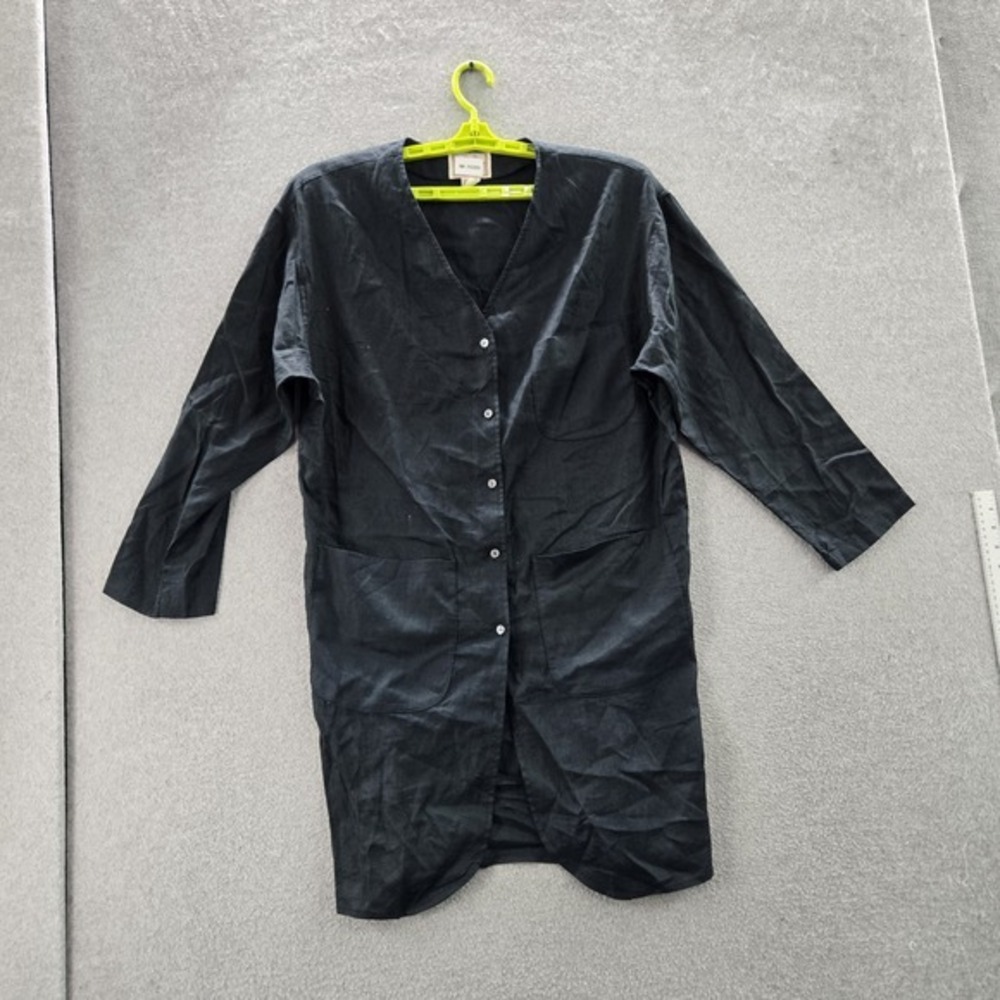 VINTAGE L Studio Women Button Up Shirt 10 Black‎ Linen V-Neck Front Tunic